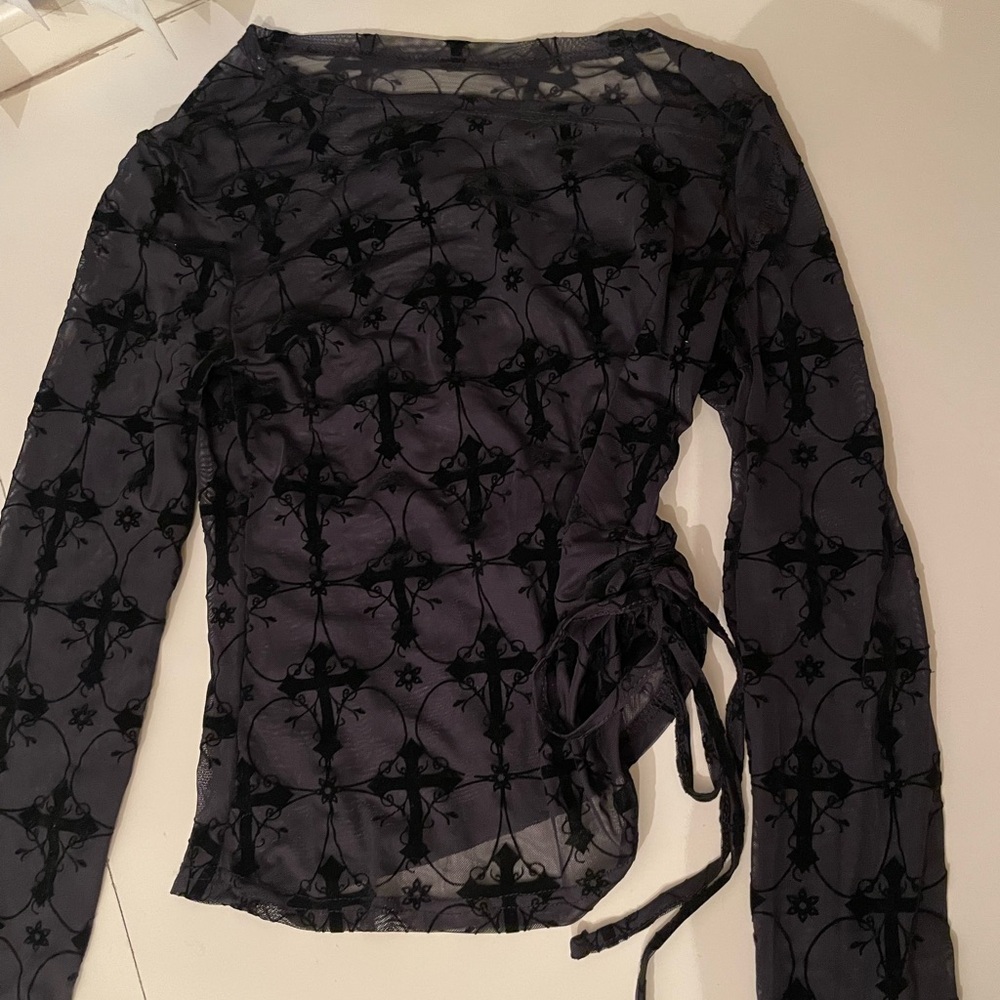 Sheer Black Ruched Top with Cross Design - Picture 3 of 4